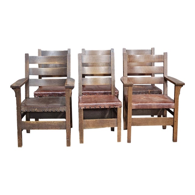 Set of 6 Stickley Arts & Crafts Oak Dining Chairs Leather Seats Early Gustav Stickley For Sale