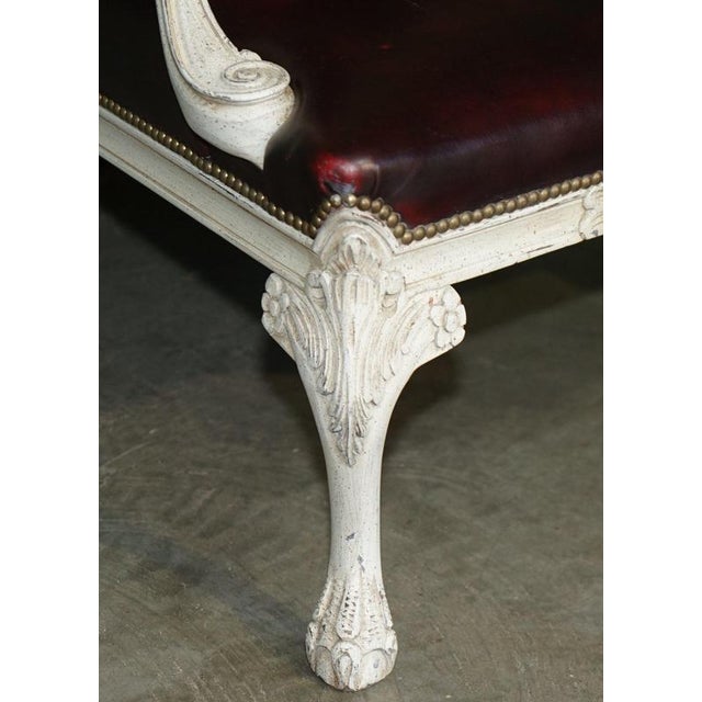 Vintage French Louis XV Style Oxblood Leather Armchair with Painted Frame For Sale - Image 6 of 18