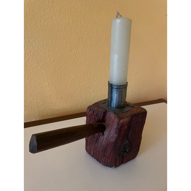 Solid, handcrafted oak candlestick. Lightly varnished. France, 1960s. Rural, minimalist style. The candle is included.