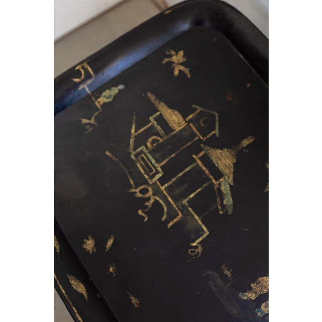Black Mid 20th Century Ebonized Chinoiserie Coffee Table With Hand Painted Tole Top For Sale - Image 8 of 9