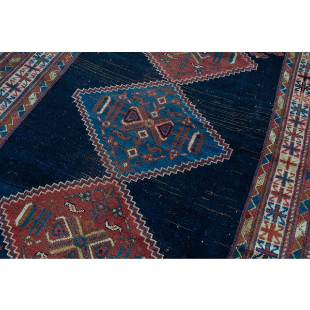 Antique Caucasian Geometric Floral Medallion Navy Red Rug Wool Low Pile Hand-Knotted - 4’2” X 6' For Sale - Image 4 of 10