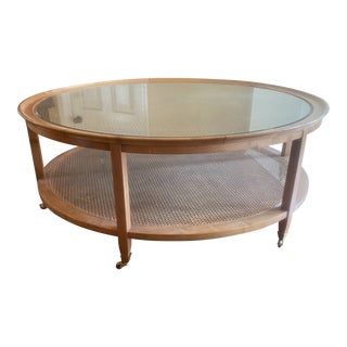 Boho Coastal Custom Round Wood and Glass With Cane Coffee Table For Sale