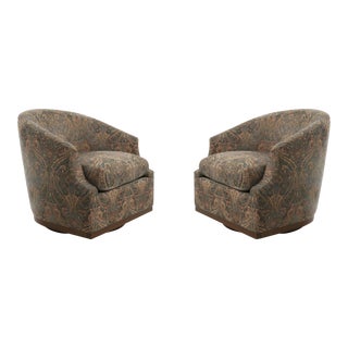 Vintage Blue Paisley Patterned Velvet Swivel Club Chairs - A Pair For Sale
