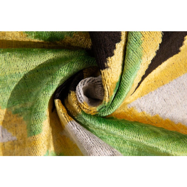 Mid-Century Modern Canvello Handmade Velvet Geometric Pillow – 16x24 Feather Down Insert, Vegetable-Dyed, Vibrant Green and Yellow Accent for Sofa For Sale - Image 3 of 6