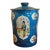 Vintage Blue Chinoiserie Tole Tea Canister With Hand-Painted Figural Scenes For Sale