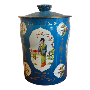 Vintage Blue Chinoiserie Tole Tea Canister With Hand-Painted Figural Scenes