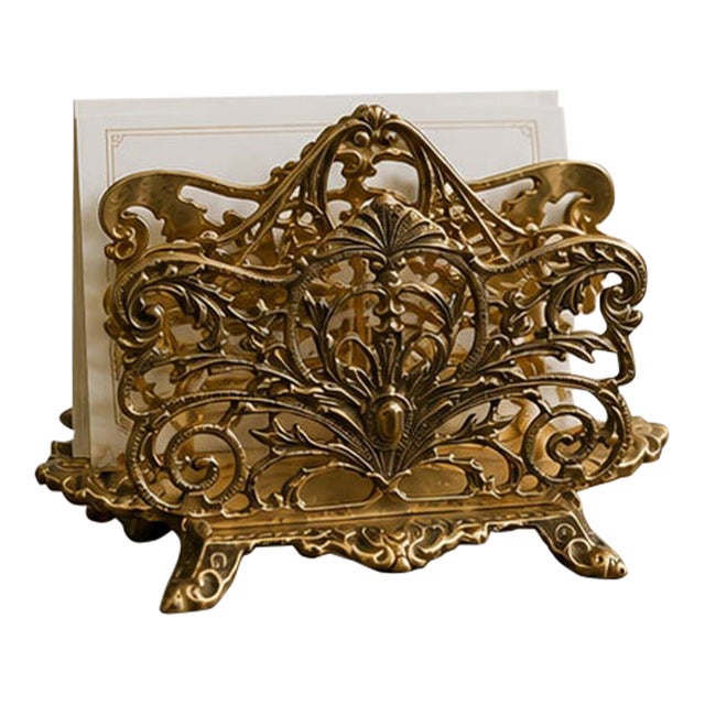 Vintage Ornate Solid Brass Filigree Letter Holder / Napkin Holder For Sale