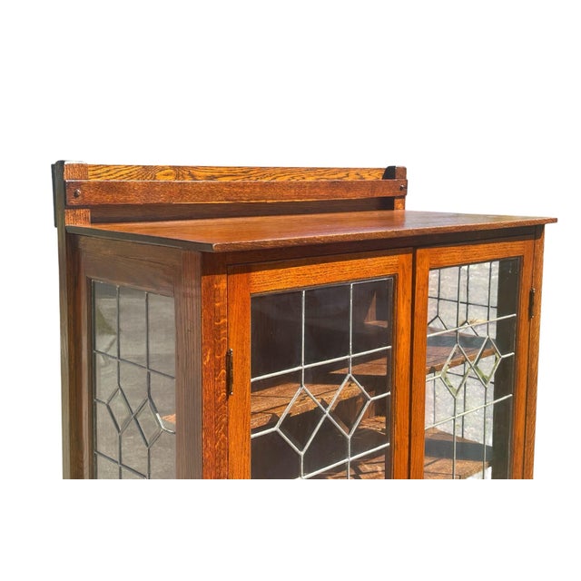 Early 20th Century Antique Arts & Crafts Mission Oak China Cabinet With Leaded Crystal Glass Panels For Sale - Image 5 of 12
