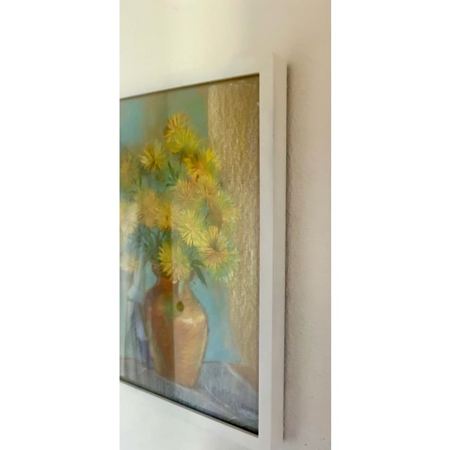 Vintage Boho Chic Pastel Yellow Dahlias Signed by the Artist For Sale - Image 4 of 9