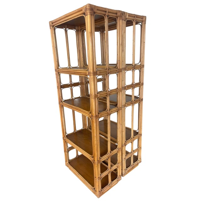 Vintage Pair of Tall Architectural Palm Beach Style Rattan Étagères For Sale - Image 4 of 12