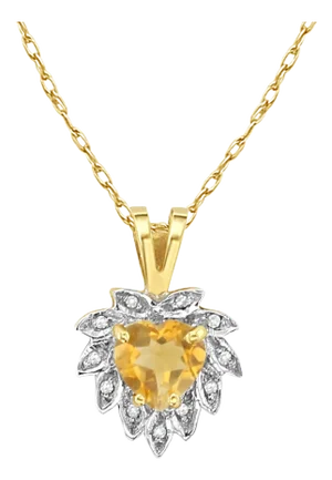 Heart Shaped Citrine Necklace with Diamond Halo 14k Yellow Gold 16"