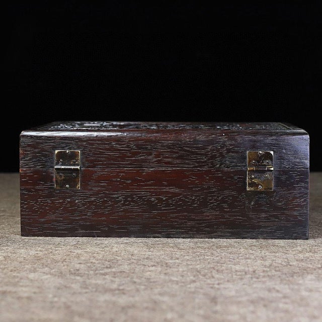 Wood Dark Hardwood Relief-Carved Box, Bat, Double Coin & Peach Motifs, "Fu Shou Ru Yi" Treasure Chest For Sale - Image 7 of 9