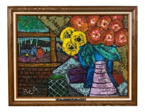 Mid 20th Century "View From the Window" Floral Still Life Interior Scene Painting by Bea Haverbusch, Framed