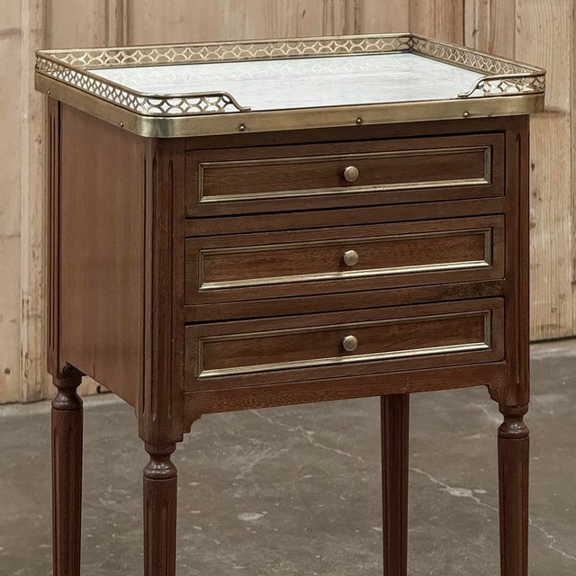 Mid 20th Century Antique French Louis XVI Mahogany Bedside Table With Carrara Marble and Brass Gallery For Sale - Image 5 of 15