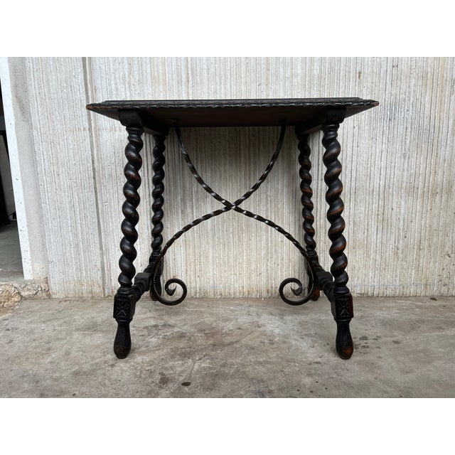 Coffee 19th Spanish Side or Coffee Table With Iron Stretcher and Solomonic Legs For Sale - Image 8 of 13