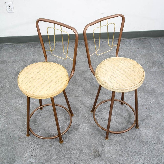 Mid-Century Modern Mid Century Modern Bar Stools Set 2 Brown Swivel Wood American Vintage Tan MCM For Sale - Image 3 of 12