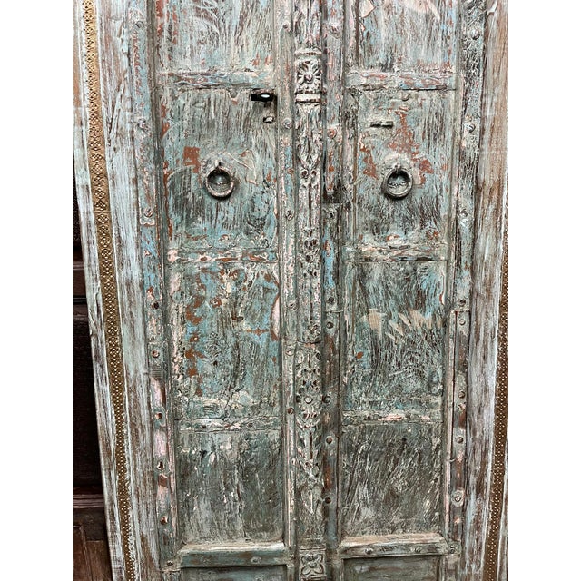 Mid-Century Modern Antique Indian Carved Double Doors With Hand-Forged Brass Rustic Teak Entry Doors 81.5 For Sale - Image 3 of 6