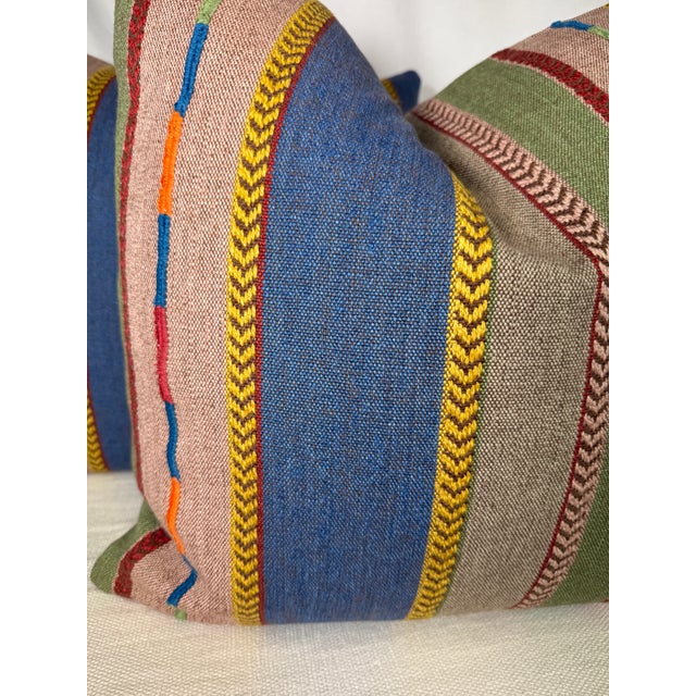 Custom pair of 22" pillows covered in GP & J Baker "Bunty" in color blue/green stripe woven fabric. These pillows have...