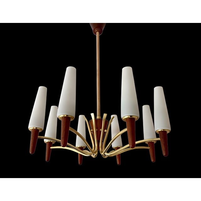 Large Mid-Century Modern Scandinavian Teak, Glass, & Brass Chandelier in the style of Stilnovo, 1960s For Sale - Image 15 of 15