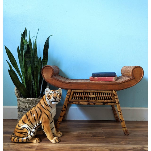 20th Century Hollywood Regency Bamboo And Rattan Curved Bench