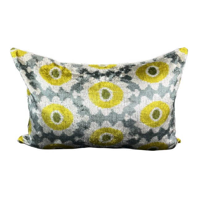 Gray and Yellow Velvet Ikat Pillow Cover For Sale