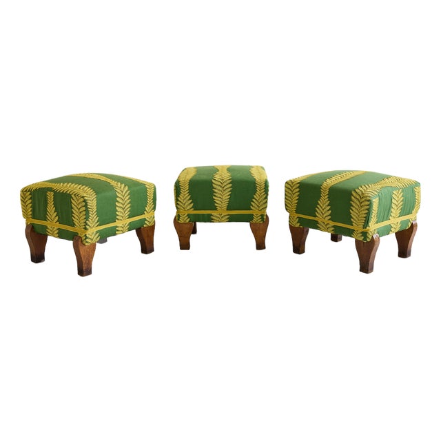 Set of Three Italian Footstools, Upholstered in Green & Gold Fabric, 19th C. For Sale