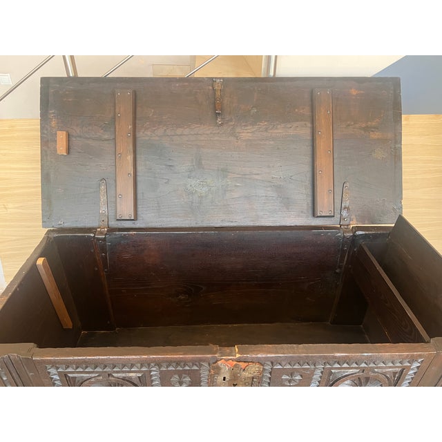 Antique Carved Walnut Large Kutxa Trunk From the Basque Country, Early 1800s For Sale - Image 9 of 12