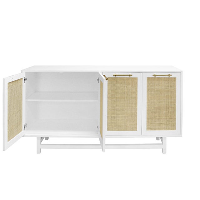 Mid-Century Modern Matthew Izzo Home Macon Matte White Lacquer and Cane Four Door Cabinet With Brass Hardware For Sale - Image 3 of 4