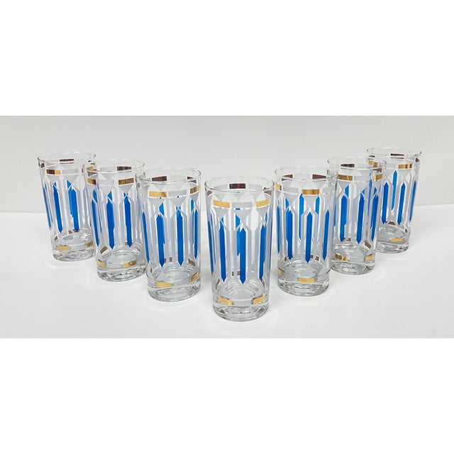 Mid 20th Century Vintage Mid Century Modern Highball Cocktail Glasses Blue Gold Frosted White - Set of 7 For Sale - Image 5 of 6