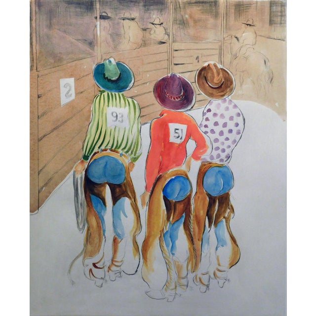 "Bull Riders" by William Papas Hand Signed and Numbered by the artist Hand Colored Drypoint Etching Hand signed, painted...