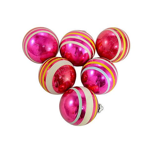 Mid-Century Modern No!! Shiny Brite Pink Banded Ball Ornaments - Set of 6 For Sale - Image 3 of 5