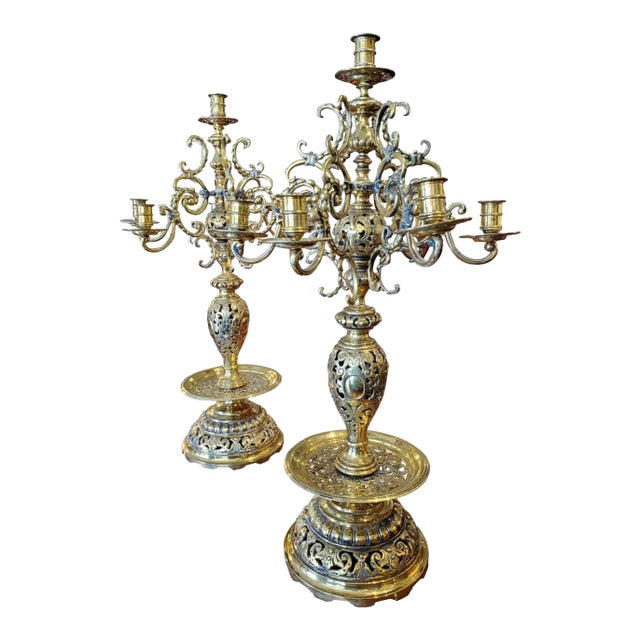 Pair of Large 19th Century Brass Candelabra With Turkish Influence For Sale