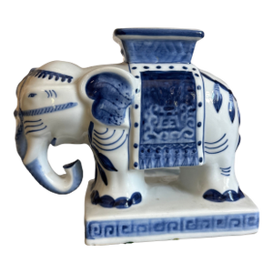 1990s Bombay Company Elephant Porcelain Blue and White Vase Planter, Thailand