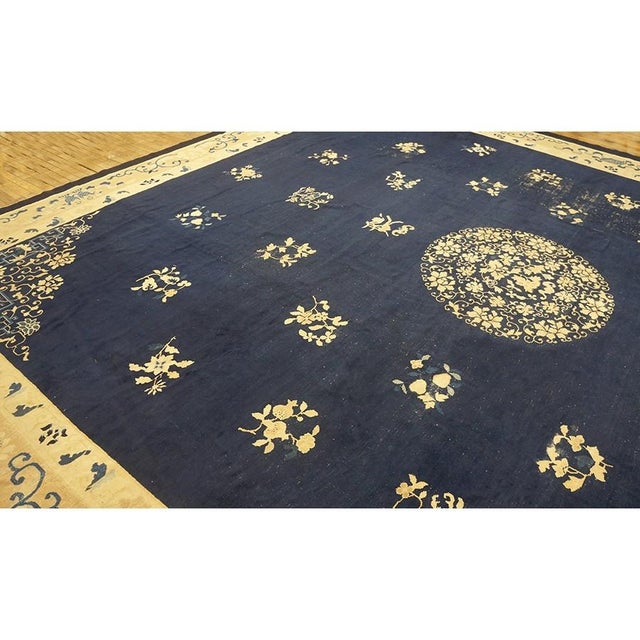 Art Deco 1900s Navy Blue Solid Floral Deco Antique Chinese Peking Knotted Room Size Rug For Sale - Image 3 of 10