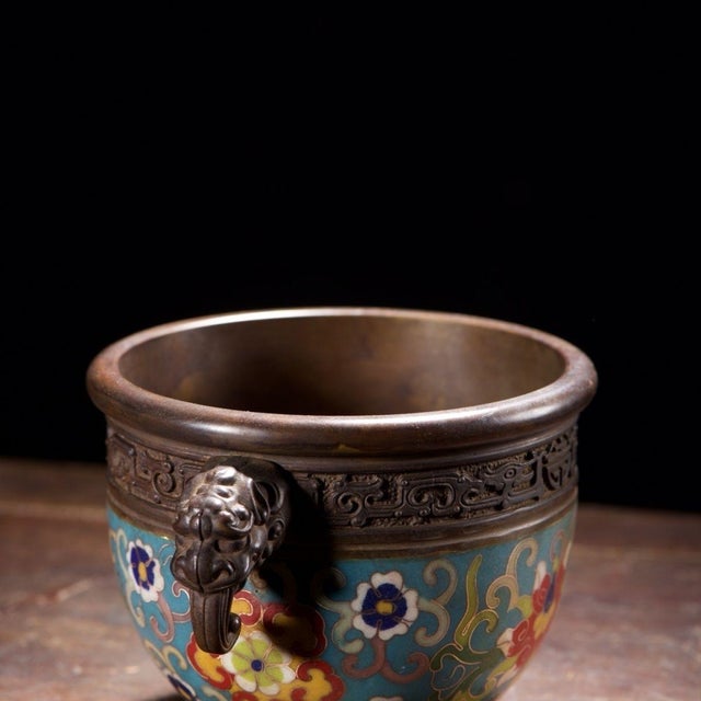 Traditional Vintage Cloisonné Enamel Censer With Beast Handles and Lotus Motif For Sale - Image 3 of 9