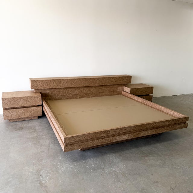 B&B Italia Vintage Postmodern 1980s Burlwood King Platform Bed & Nightstands For Sale - Image 4 of 12