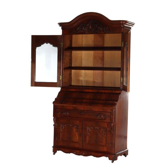 Antique Neoclassical Renaissance Revival Flame Mahogany Drop Front Secretary For Sale - Image 4 of 14