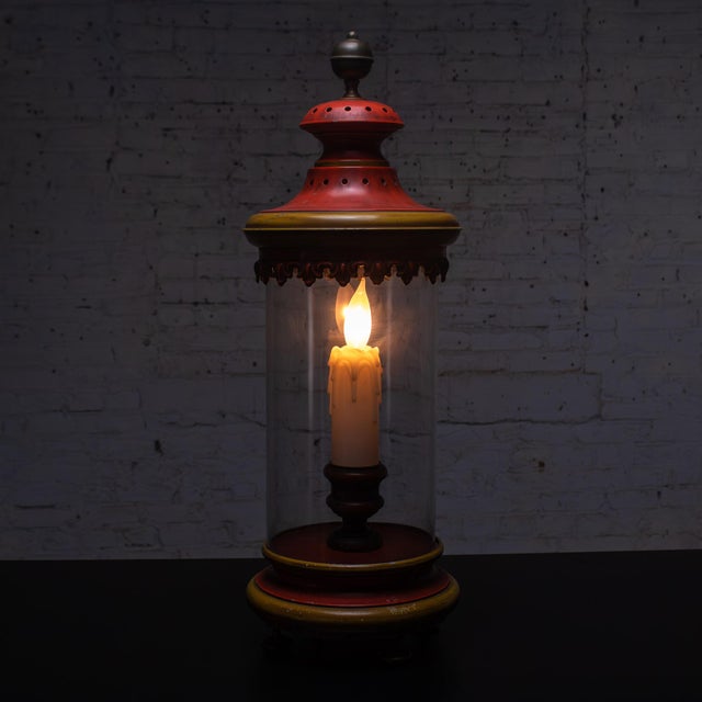 Campaign 1960-1970’s Campaign Style Hurricane Lantern Table Lamp Orange & Yellow Painted Metal Frame & Brass Accents For Sale - Image 3 of 18