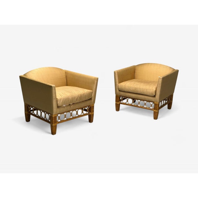 McGuire, Bamboo, Rattan, Gilt Metal, Fabric, Large Lounge Chairs, USA, 1960s Pair of organic modern oversized lounge...