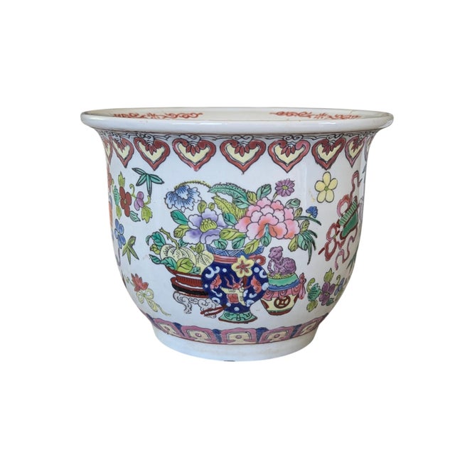 Vintage Chinoiserie Multicolor Painted Ceramic Cachepot Asian Lettering on underside Opening measures 5" x 5" Base...