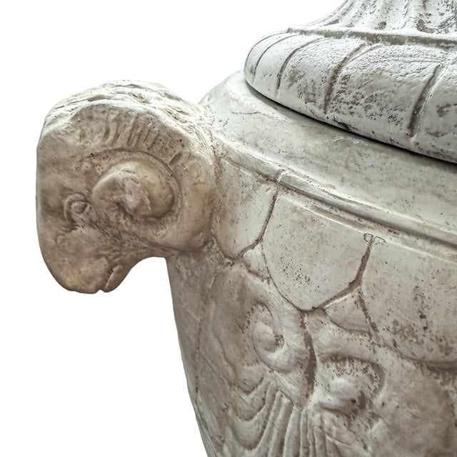 Late 20th Century Late 20th Century Large Neoclassical Style Lidded Urn With Ram Head Handles, Aged Stone Finish For Sale - Image 5 of 9