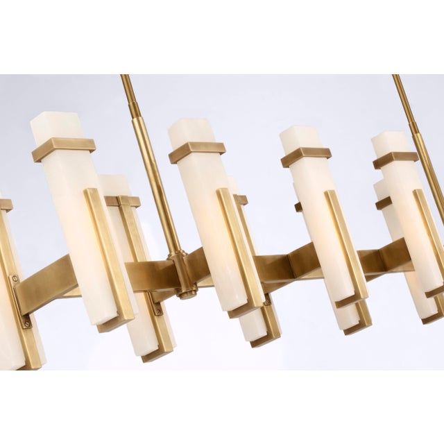 Visual Comfort Ian K. Fowler for Visual Comfort Signature Malik Large Linear Chandelier in Hand-Rubbed Antique Brass with Alabaster For Sale - Image 4 of 10