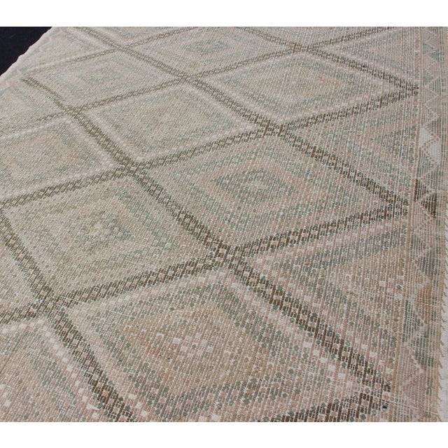 Mid 20th Century Tan Green, Salmon Vintage Turkish Embroidered Rug With Geometric Diamond Design For Sale - Image 5 of 13