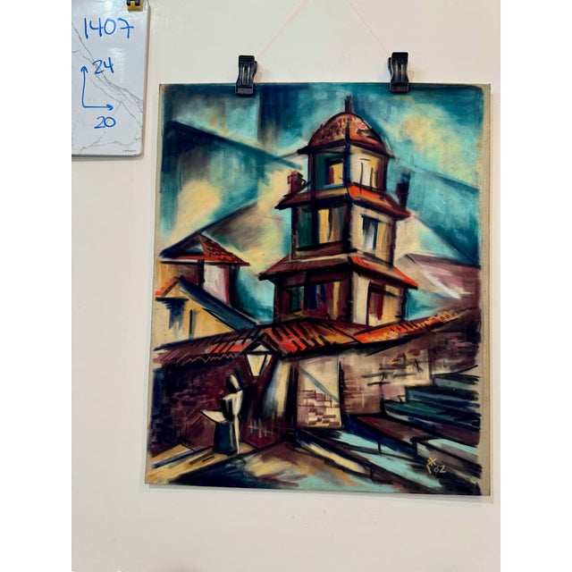 Paper Henry Emil Salloch Original Pastel on Paper Expressionist Village With Tower, 1962. For Sale - Image 7 of 7