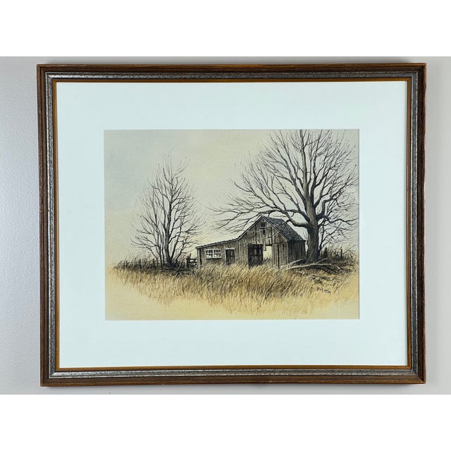 “In Disrepair” by Bill Ely is a poignant ink and watercolor painting that captures a serene yet somber view of rural...