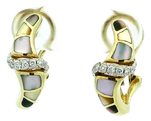 1990s Ash Grossbardt 14k Gold Mother-of-Pearl & Diamond Inlay Hoop Earrings, A Pair