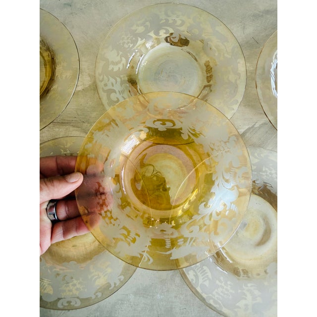1920s Vintage Bohemian Amber Etched Glass Plates- Set of Eight - 6.625 Inch Heraldic Castle Deer Motif 1920s 1930s For Sale - Image 5 of 11