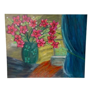 Large Original Floral Canvas Painting in Bold Deep Colors For Sale