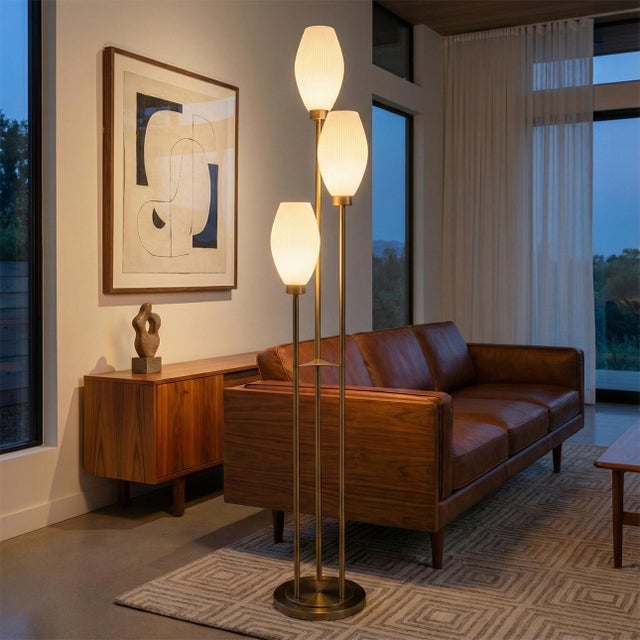 Transitional Willows Accent Floor Lamp, Weathered Brass, Opal Glass, Foot Dimmer For Sale - Image 3 of 14