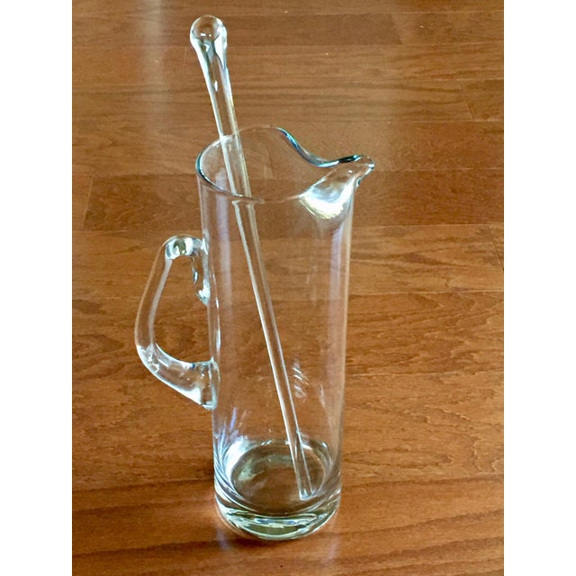 Clear Glass Hand Blown Tall Martini Pitcher & 14" Glass Rod Stirrer Vtg